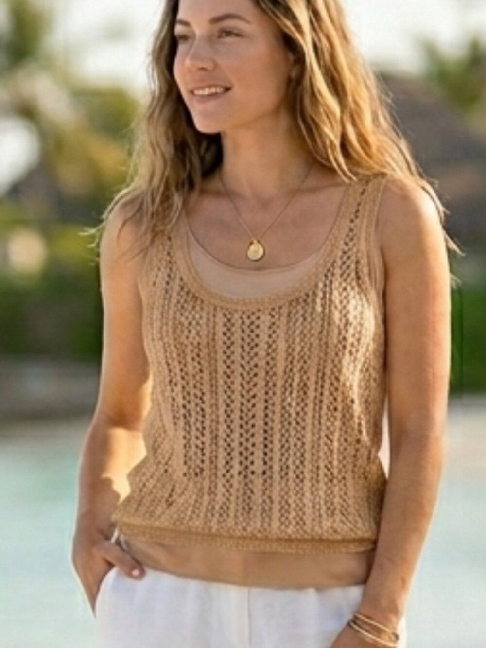 Vince Women's Tan Knit Crochet Tank Top Size XS